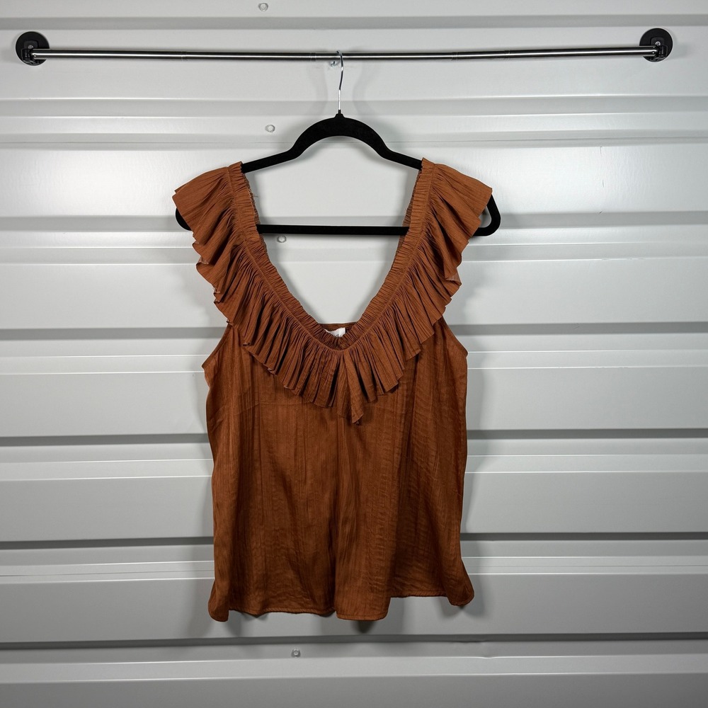 Evereve Women Terracotta‎ Rust Ruffle V-Neck Sleeveless Blouse Small